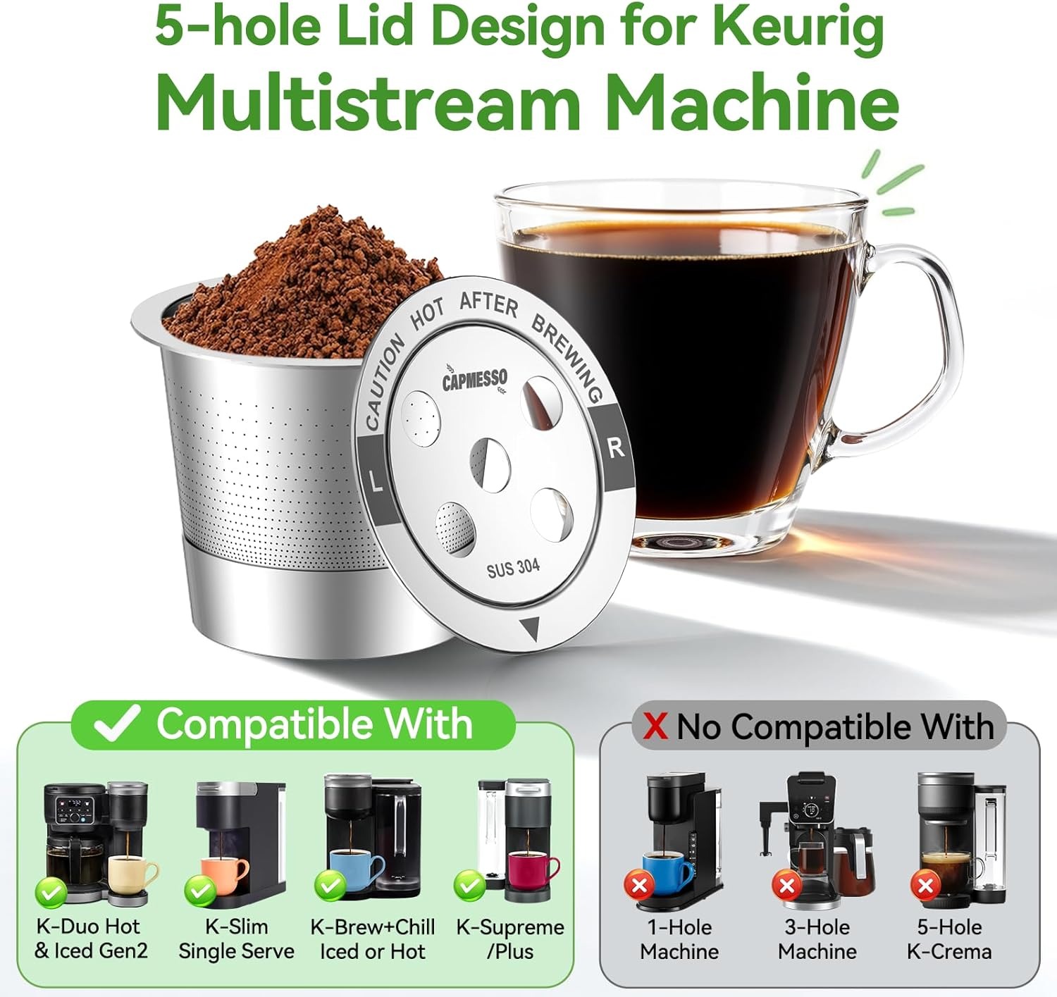 2026 American Style All Stainless Steel Refillable Coffee Pods Coffee Filters with 5 Holes &amp; Scoop