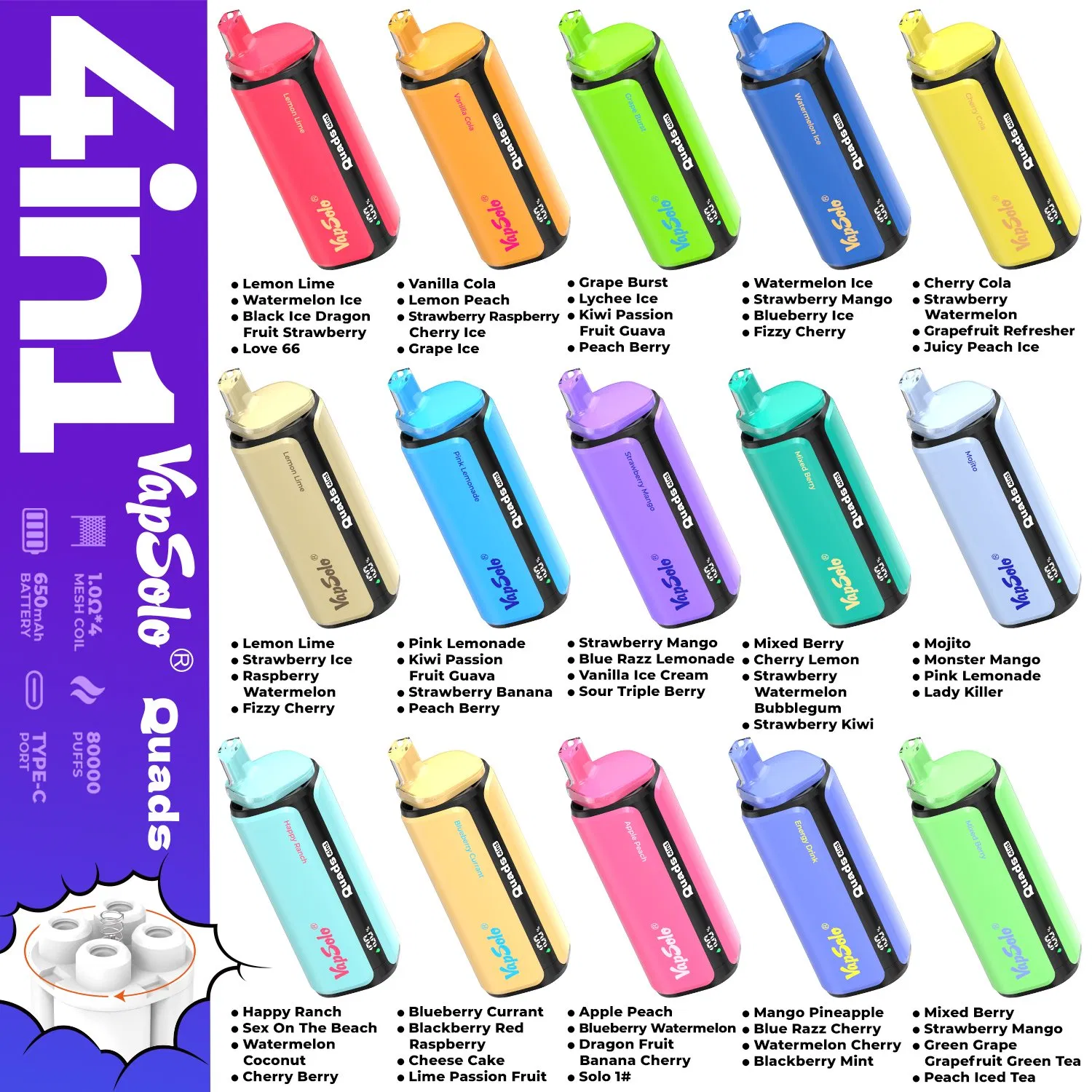 Vapesolo Vape 4 in 1 Quads 80000 Puffs Disposable Cigarettes Vape Factory Wholesale 4in1 Electronic Cigarette Puff Bar Pod Vaper