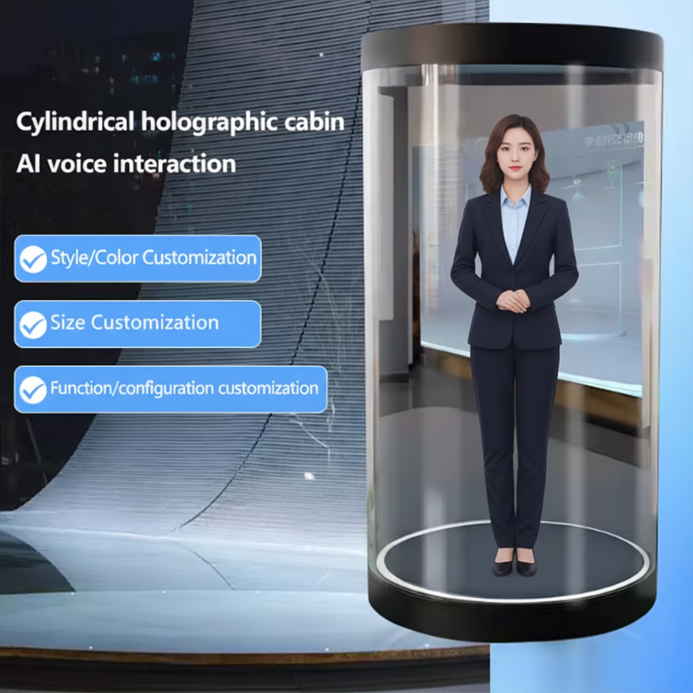 Ai Virtual Welcoming Hologram Pod with Interactive Touchscreen and Voice-activated System for Luxury Hotel Lobbies
