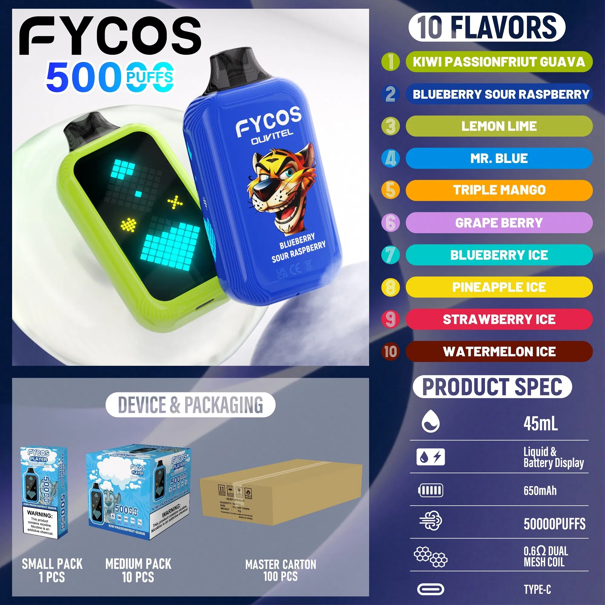 Fycos Refillable Crystal Electronic Cigarette Customized Shisha Hookah 50000 Puff Wholesale Rechargeable Zero Nicotine Empty Pod Video Disposable Vape