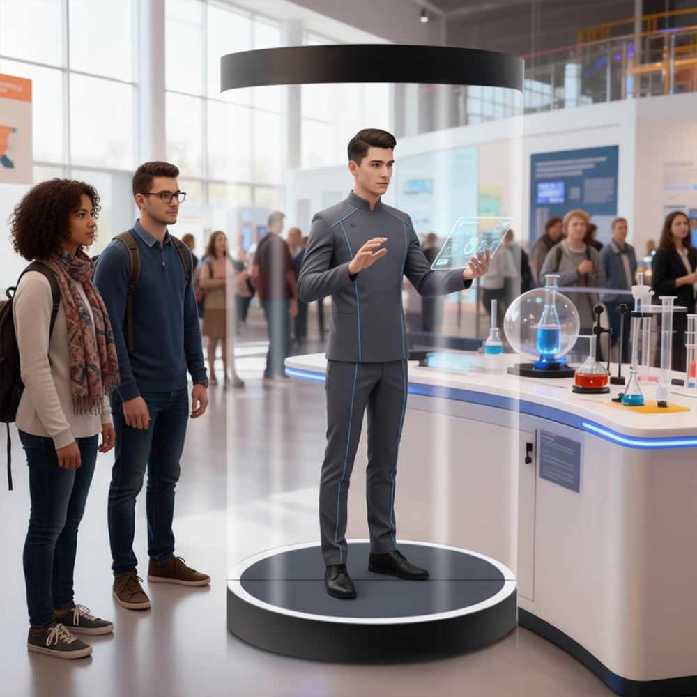 Ai Virtual Welcoming Hologram Pod with Interactive Touchscreen and Voice-activated System for Luxury Hotel Lobbies
