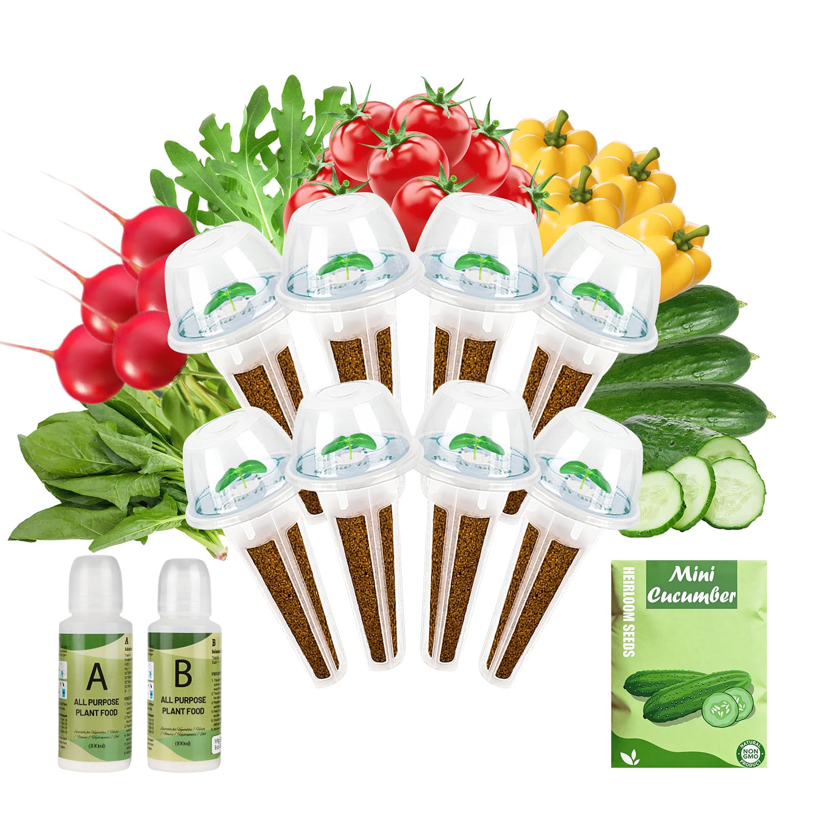 Custom Indoor Hydroponics Vegetable Seed Pod Refill Kit 8 Pods with Sponges Baskets Domes Stickers Nutrients for Smart Garden