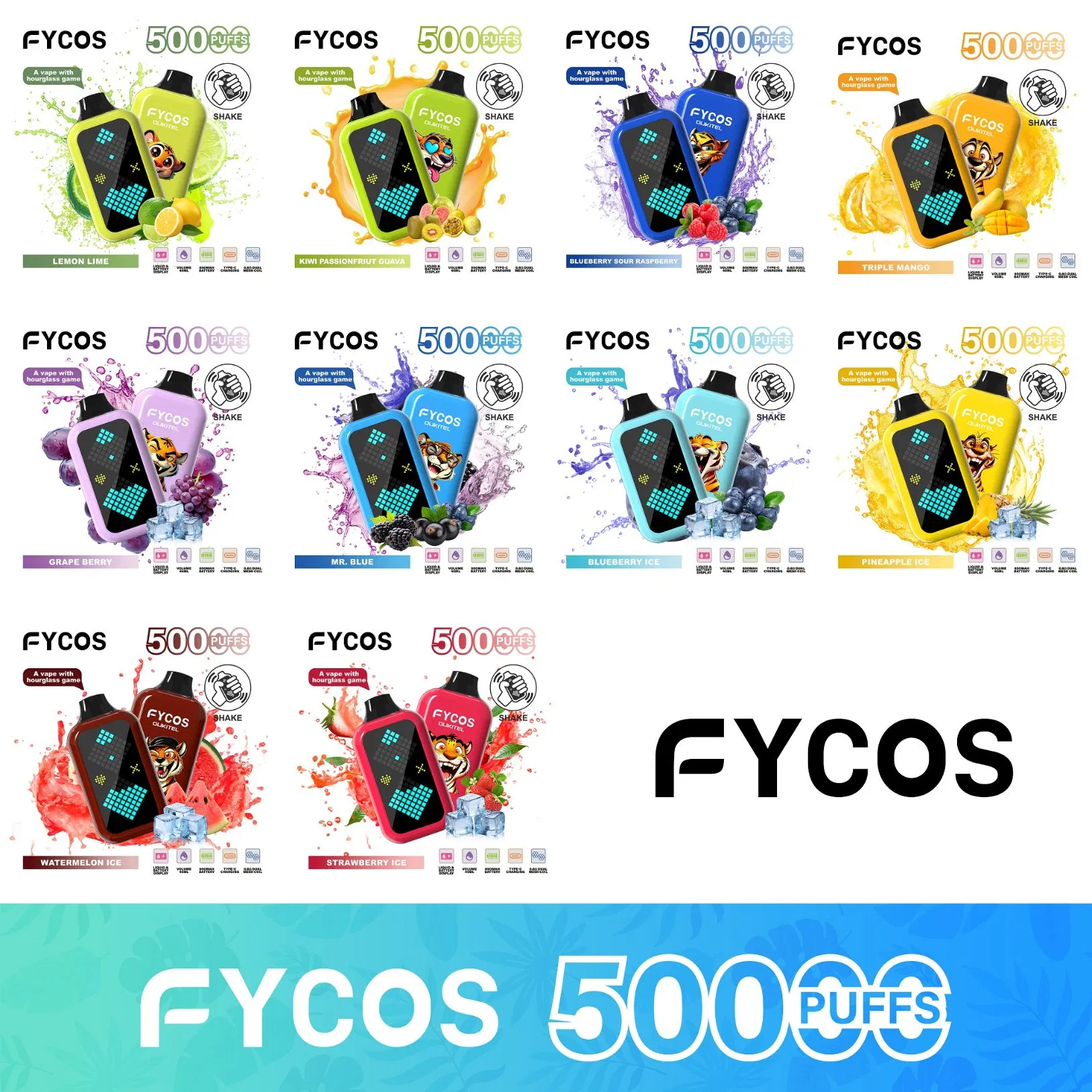 Fycos Refillable Crystal Electronic Cigarette Customized Shisha Hookah 50000 Puff Wholesale Rechargeable Zero Nicotine Empty Pod Video Disposable Vape
