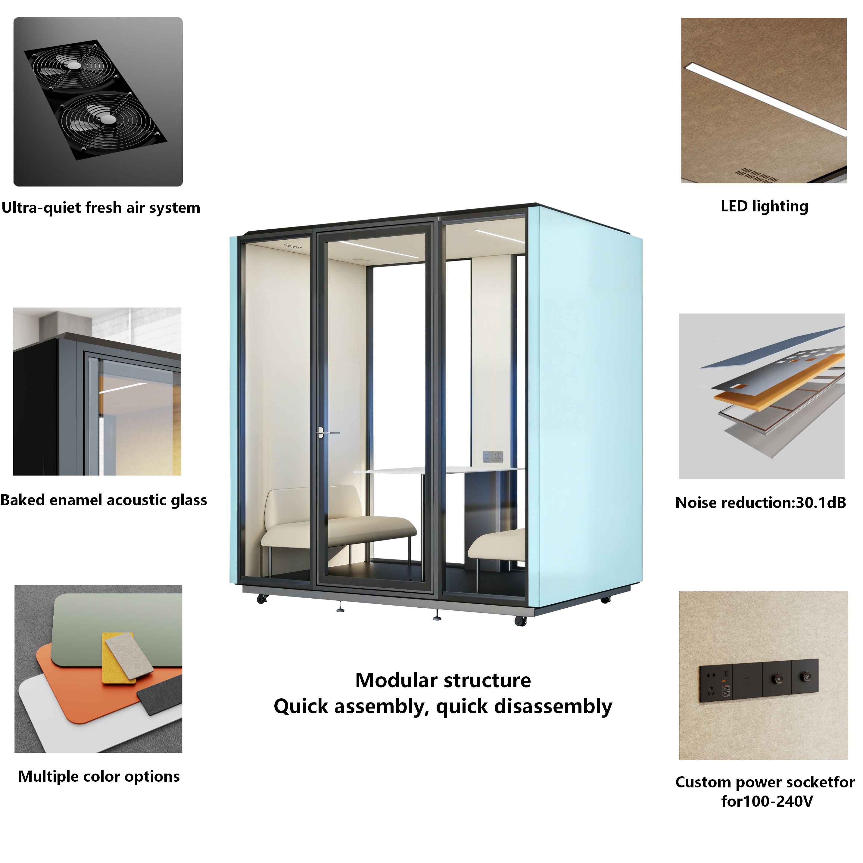 Soundproof Office Pod Acoustic Isolation Booth Private Focus Work Pod Sensor Activated Light for Modern Open Plan Workplace