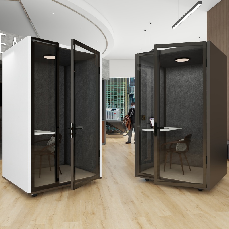 Soundproof Booth Model L Booth Portable and Reconfigurable Meeting Pod with Compact Laminate Furniture