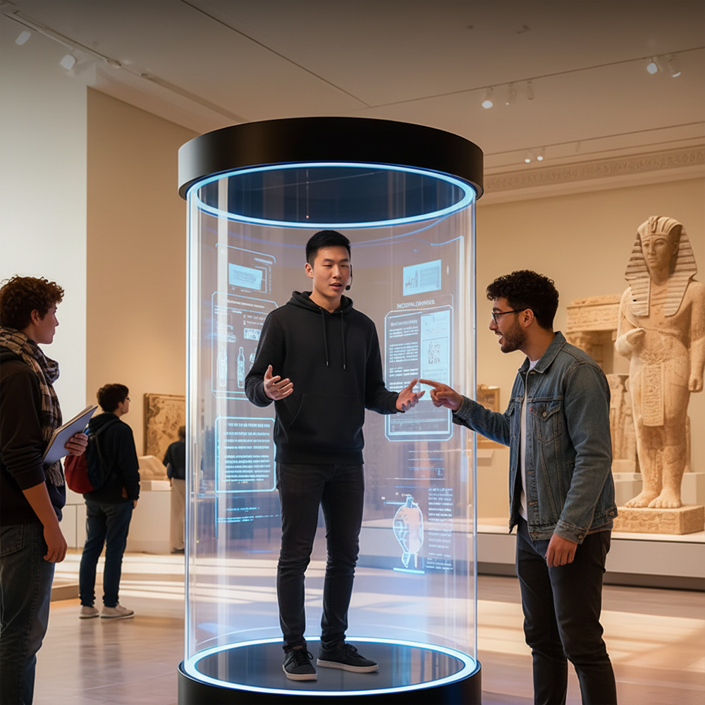 Ai Virtual Welcoming Hologram Pod with Interactive Touchscreen and Voice-activated System for Luxury Hotel Lobbies
