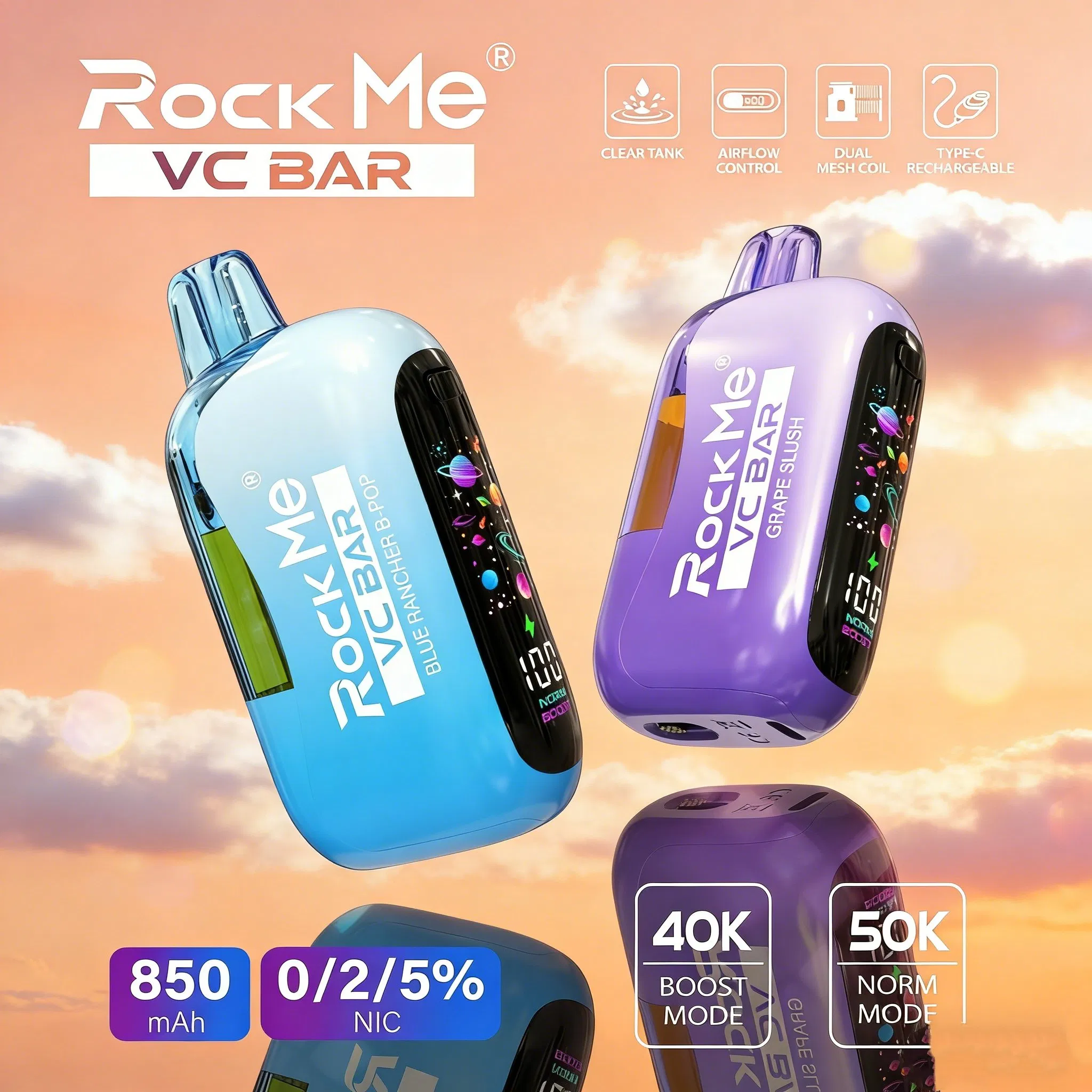 Rockme Clear Tank Pod Kit Prefilled Vape 50000 Puff High Capacity Rechargeable System Smooth Flavor Long Lasting Vape Device