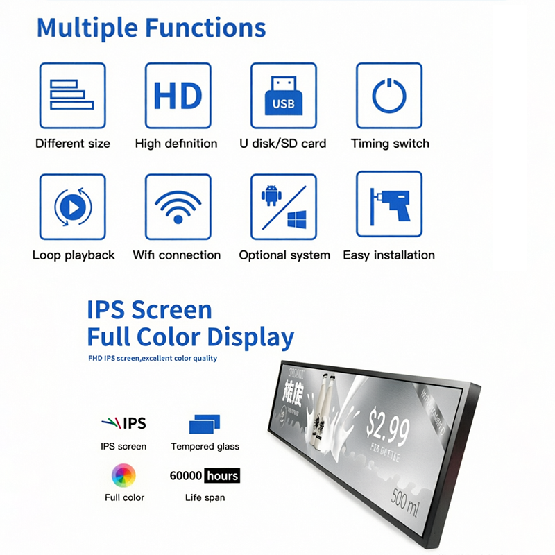 Ultra-thin Stretched Bar LCD Touchscreen Android Screen Lightweight Wide Display Outdoor Retail POS POP Advertising Media Player