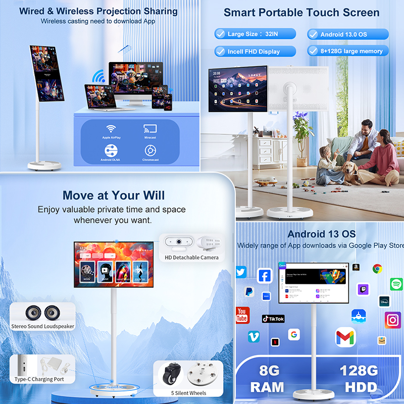 Wireless 32Inch Portable Smart TV with 120Hz Screen 6GB 128GB Floor Standing Rechargeable Kiosk Display