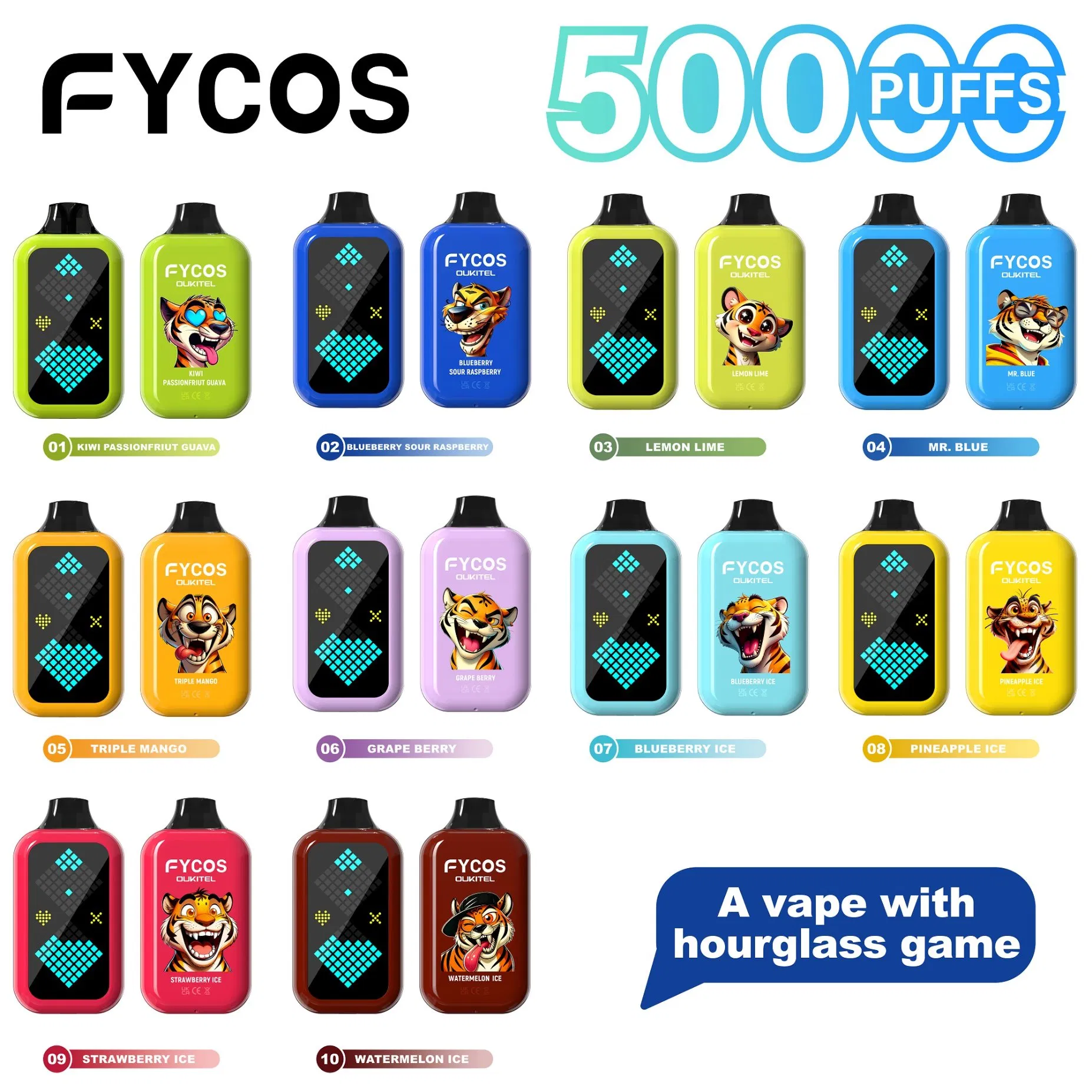 Fycos Refillable Crystal Electronic Cigarette Customized Shisha Hookah 50000 Puff Wholesale Rechargeable Zero Nicotine Empty Pod Video Disposable Vape