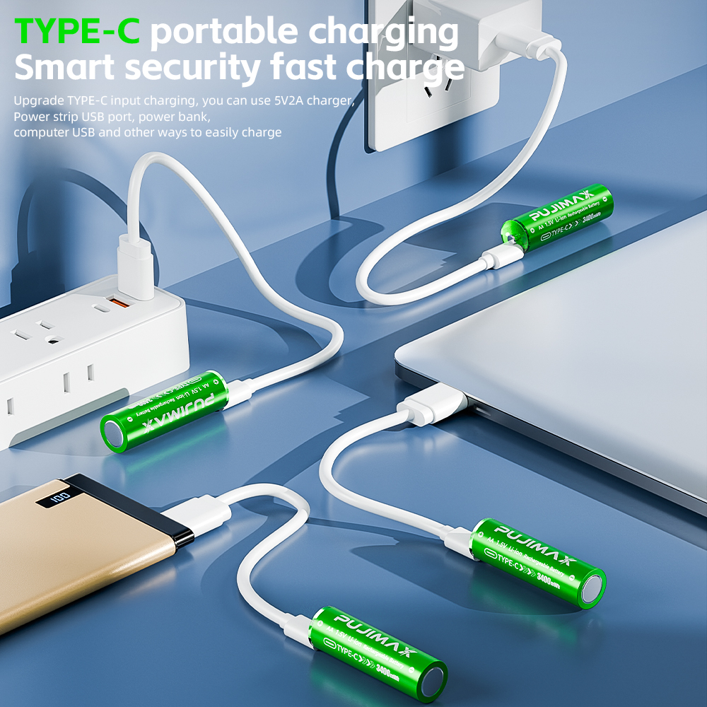 PUJIMAX 2025 Hot Selling 1.5V Size AA Usb Type C Rechargeable Battery USB Type-C Charging Port Lithium-ion Battery Pack