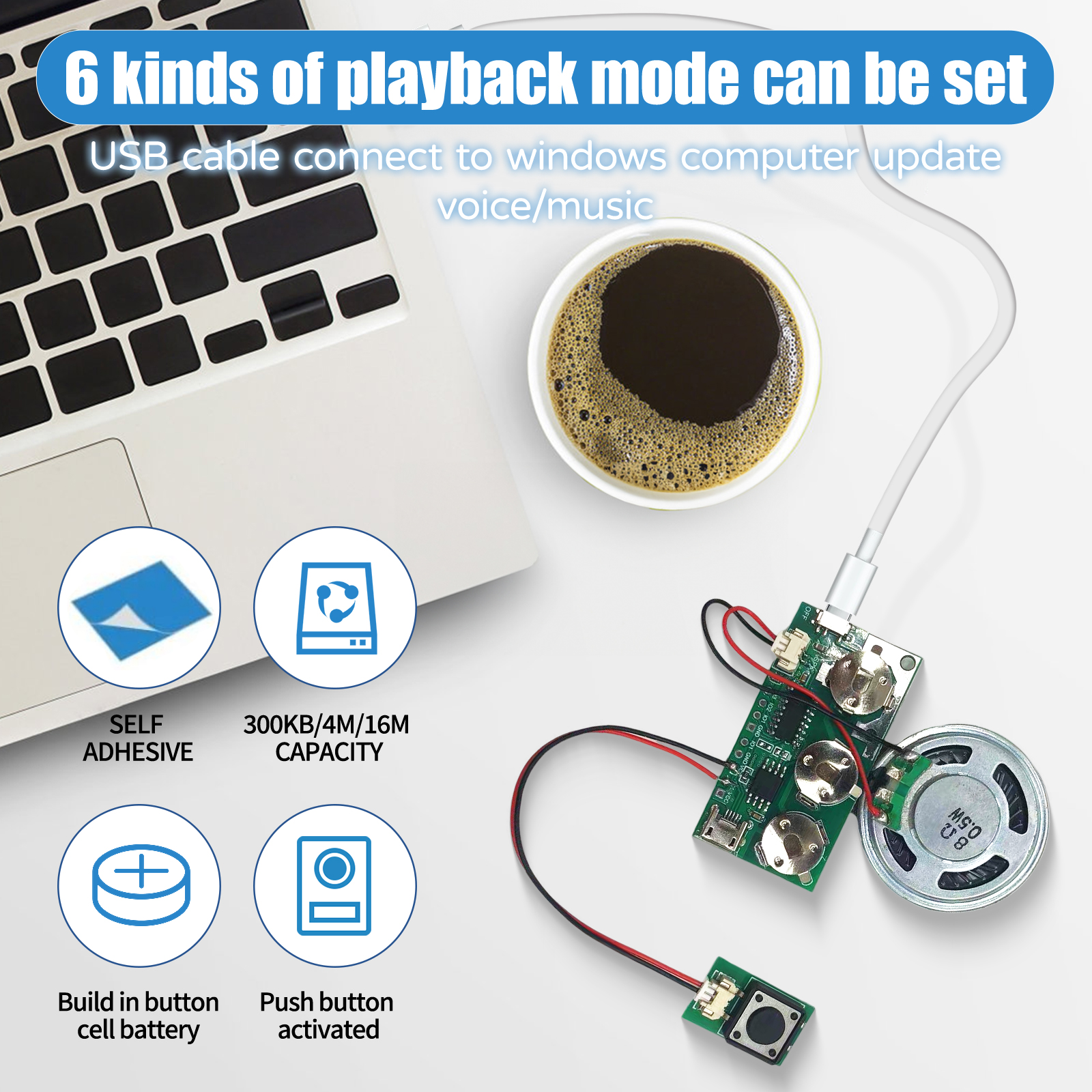 USB Downloadable Sound Module Light &amp; Push Button Activated Speaker for Greeting Card &amp; Gift Box for Personalized Messages