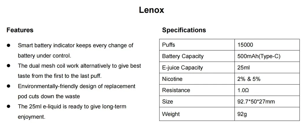 Lenox Prefilled Pod Kit 15000puffs Hottest Vape Device