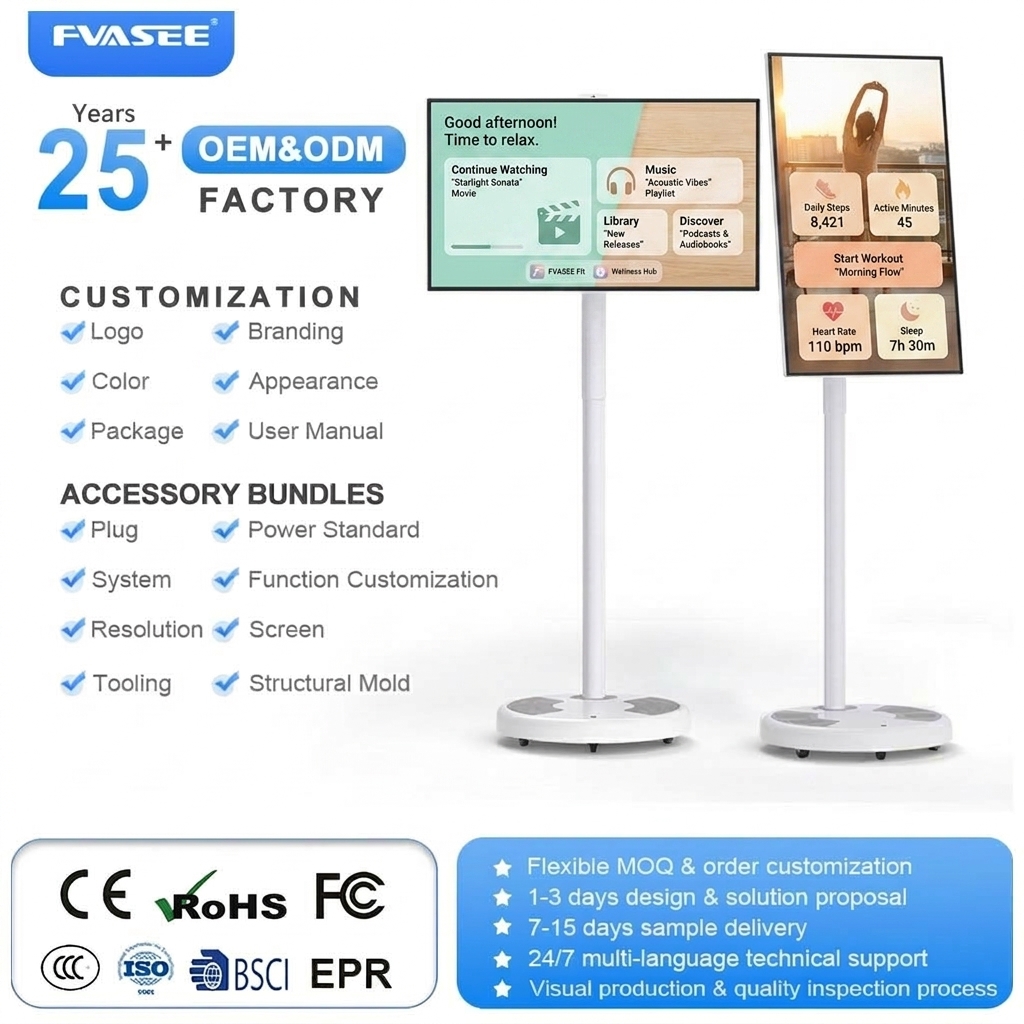 Wireless 32Inch Portable Smart TV with 120Hz Screen 6GB 128GB Floor Standing Rechargeable Kiosk Display