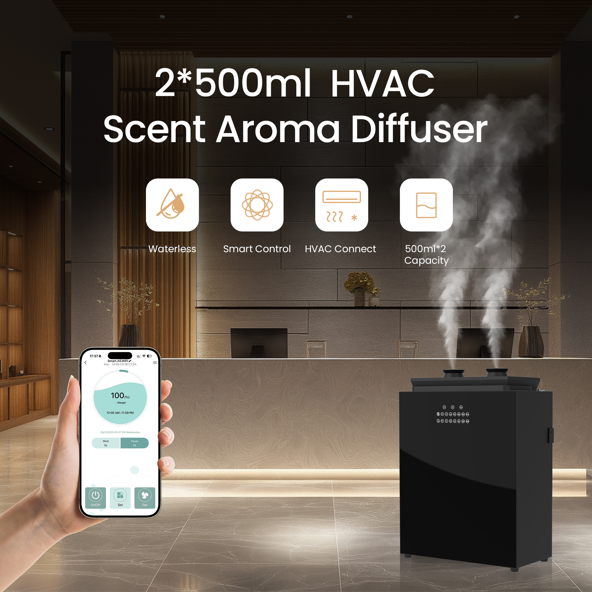 Professional HVAC Aroma System with Wi-Fi APP, Dual Atomizer, Air-Conditioning Duct Connection &amp; Anti-Theft Lock