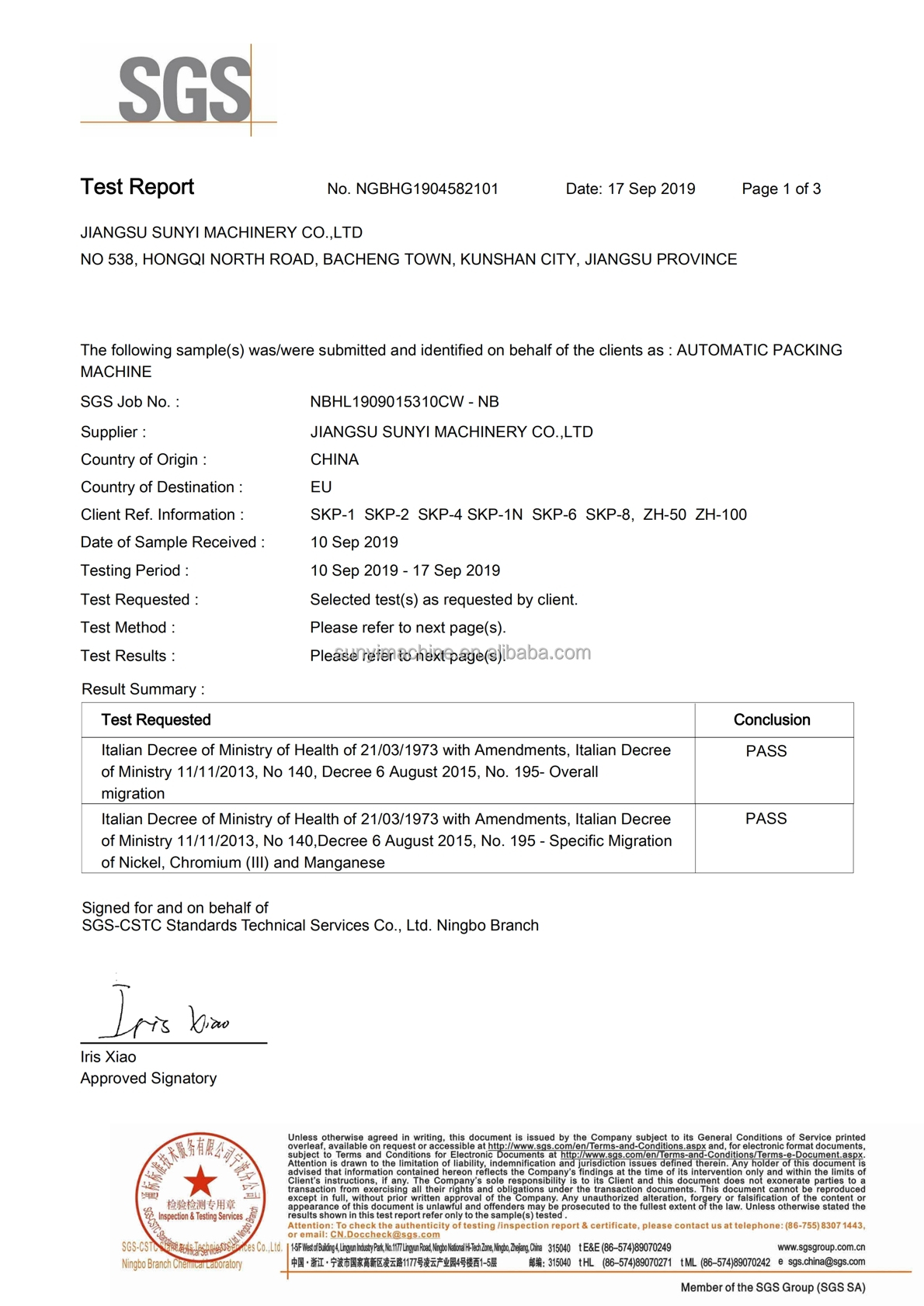 SGS Food Safety Certificate