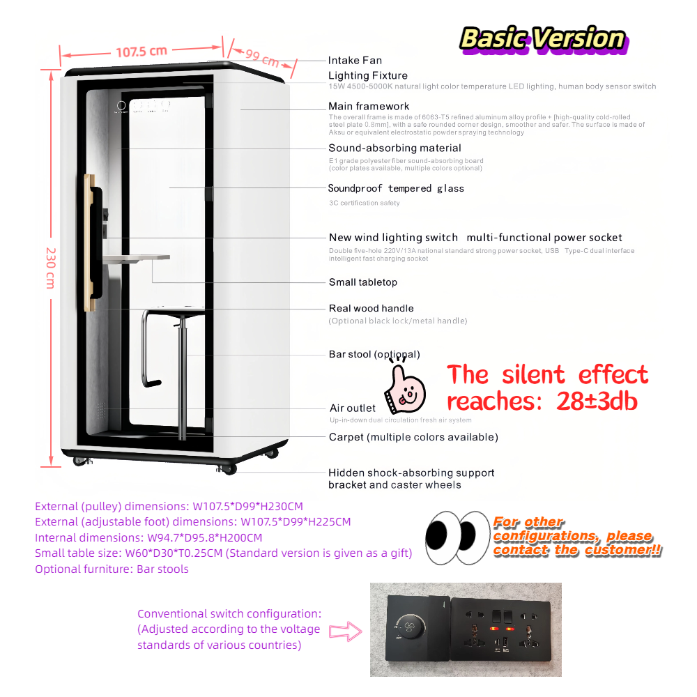 With Power Outlets Phone Booth Portable Office Pod for Learning Portable Modern Acoustic Glass Door Premium Mobile
