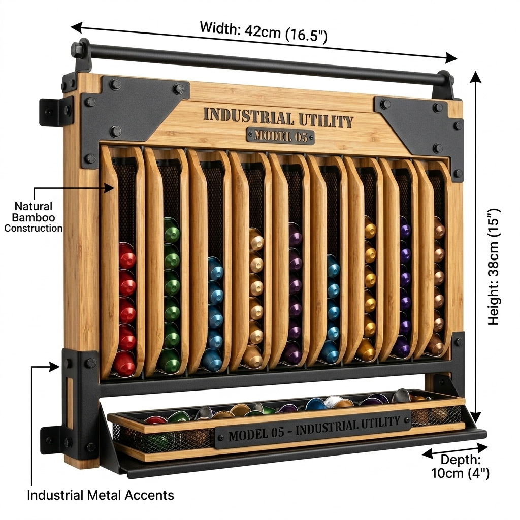 Large Capacity Industrial Bamboo Coffee Pod Station 10-Track Vertical Rack With Bottom Mesh Accessory Tray