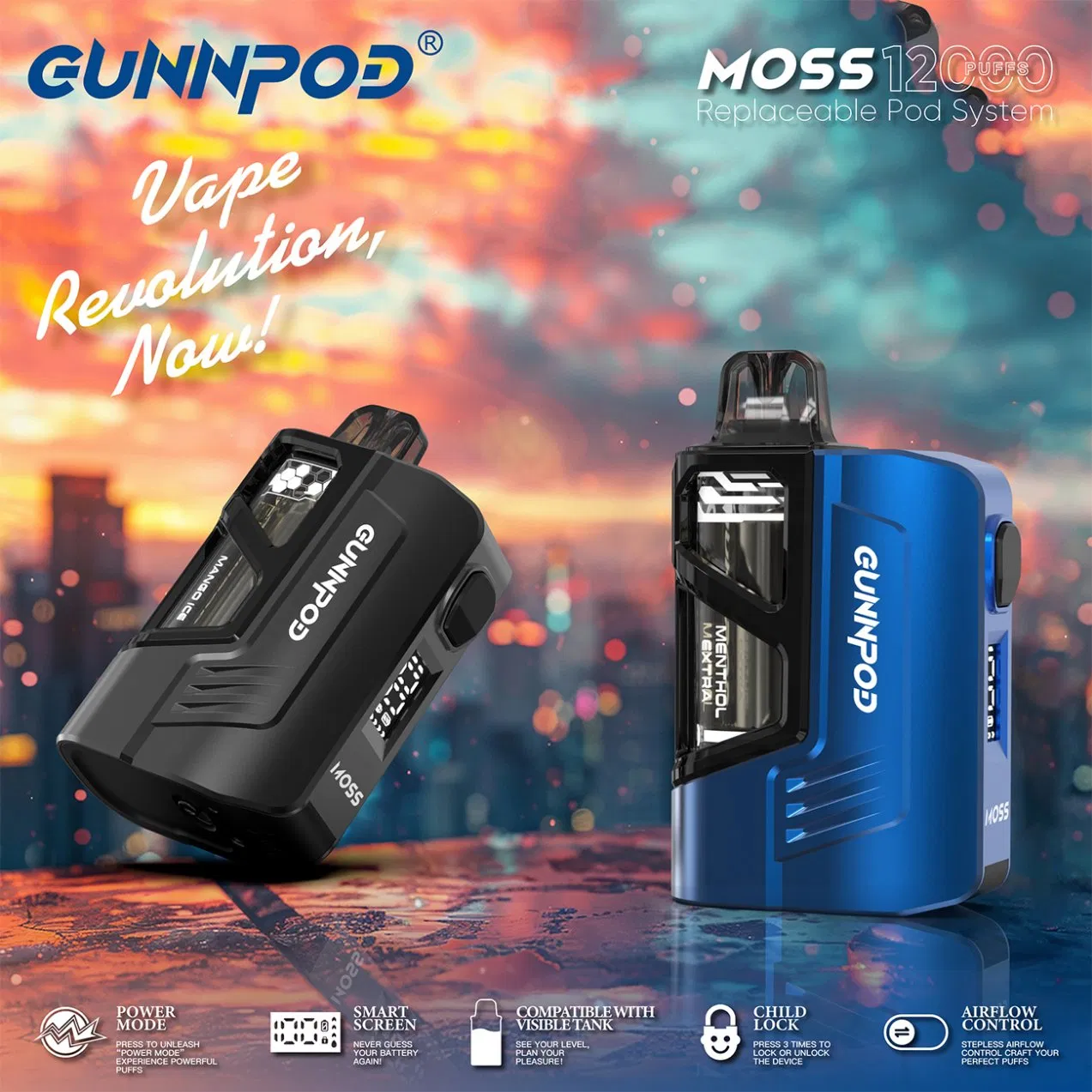Gunnpod Moss 8000 Puffs Rechargeable Vape Pen Type-C Port Digital Screen Disposable E-Cigarette Replaceable Pod System with Free Lanyard