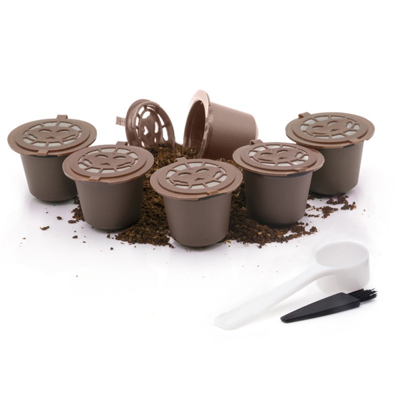 Universal 6 Pods Reusable Metal Coffee Filter System Wareset Cafe Refillable Capsules with Cup Refilling Cap