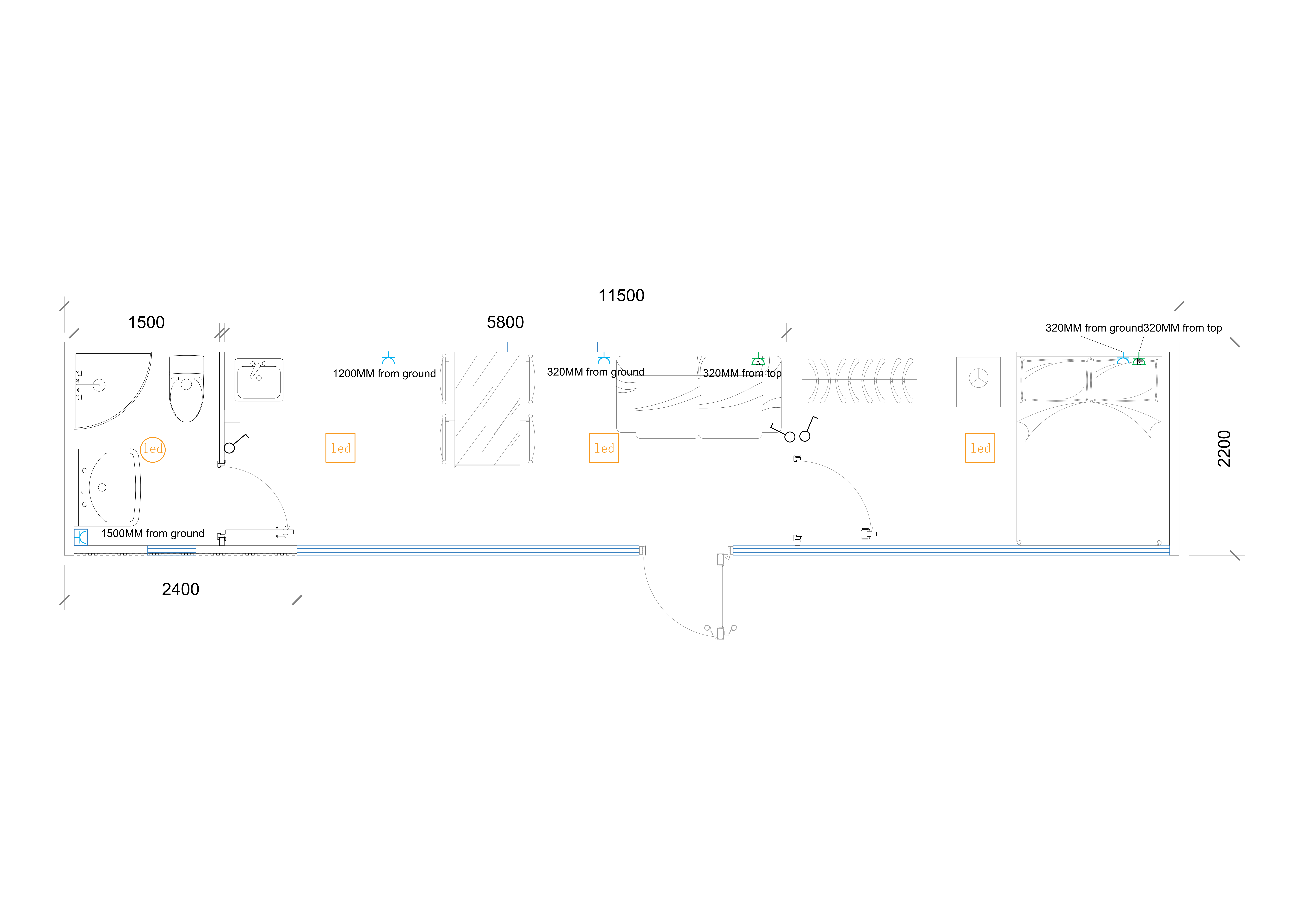 Floor Plan for 40ft Apple Cabin
