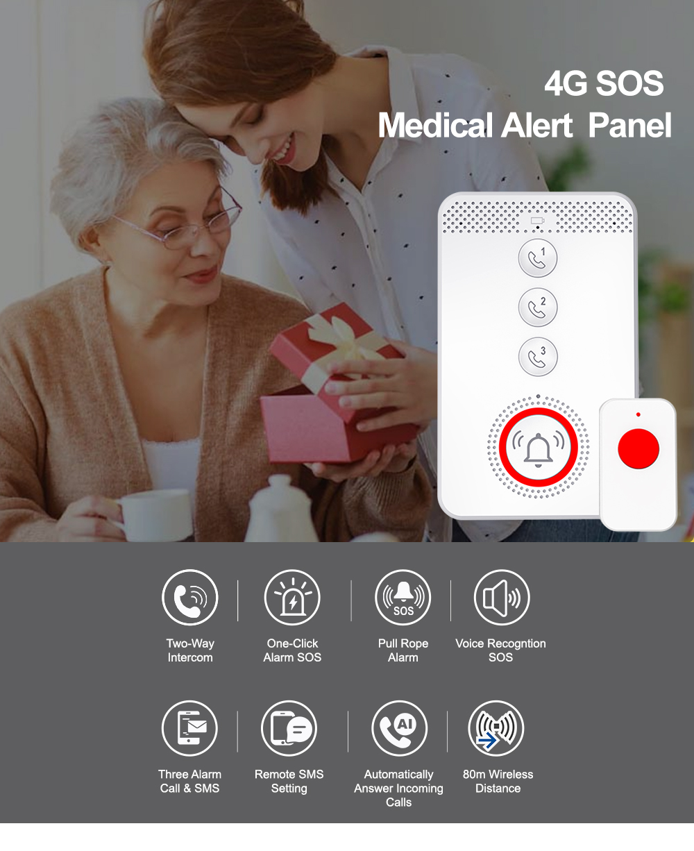 Voice Activated Two Way Talk Elderly Care 4G LTE Medical Alert Panel Emergency Call SOS Alarm System Neck Pendant Button IP65
