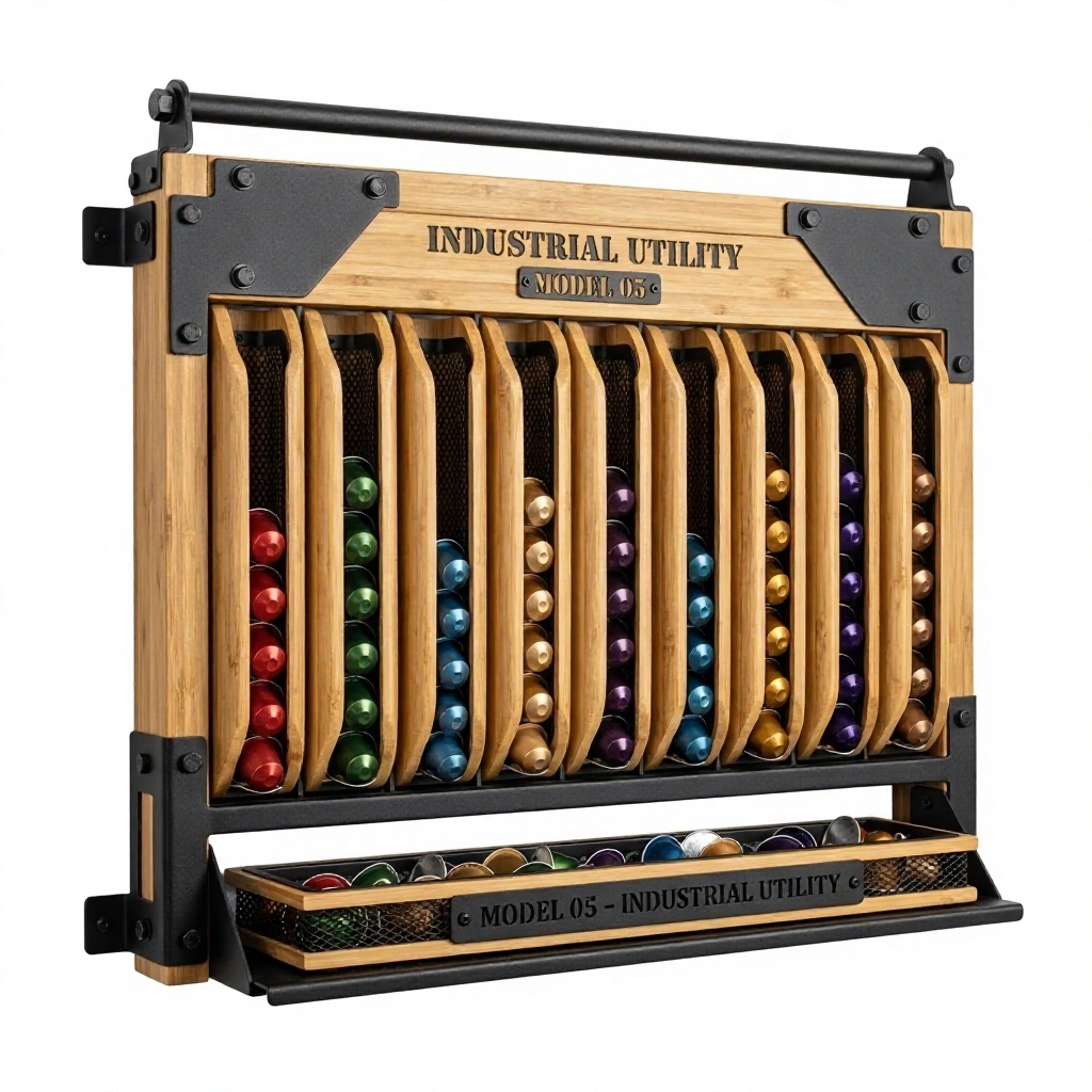 Large Capacity Industrial Bamboo Coffee Pod Station 10-Track Vertical Rack With Bottom Mesh Accessory Tray