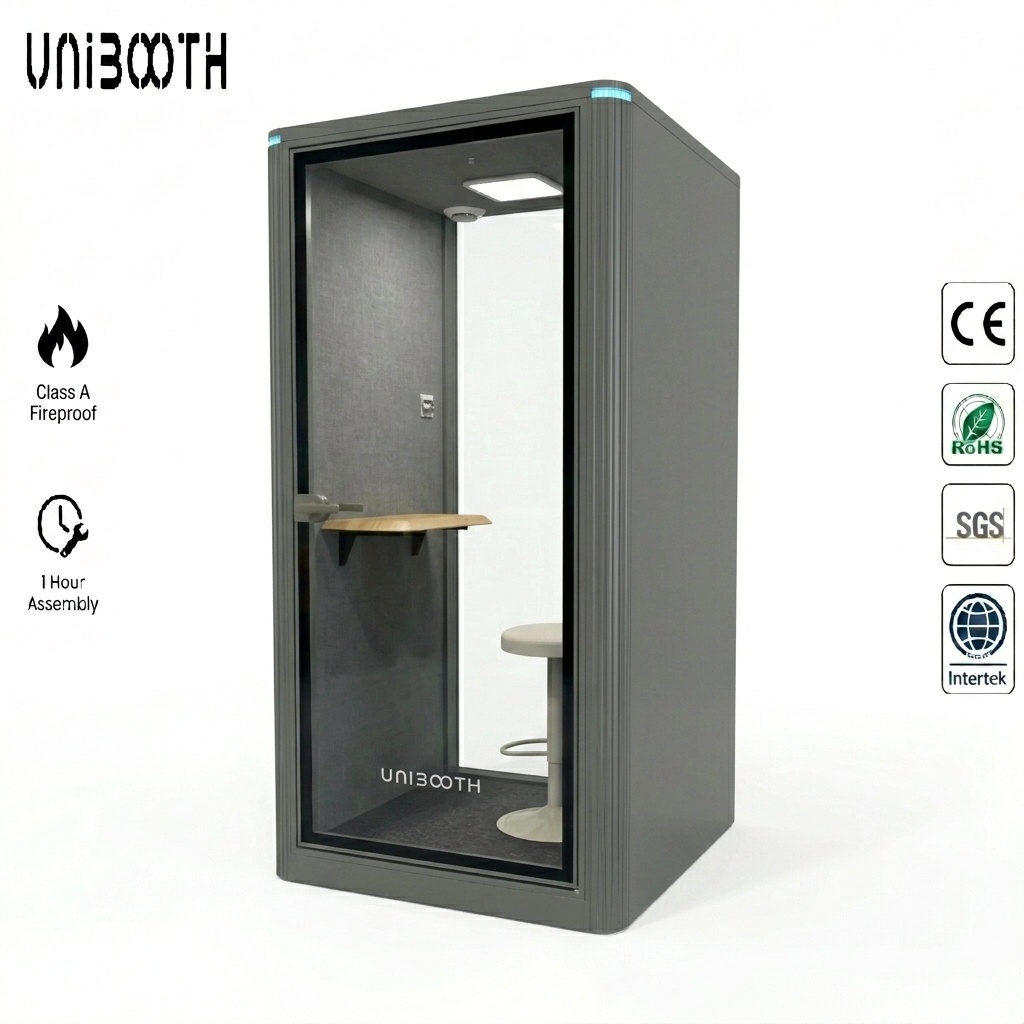 UNIBOOTH Portable Prefab ASTM-E84 Fireproof 32dB ISO 23351 30-45 Min Fast Setup Studio Pod for Open Office Library Customizable