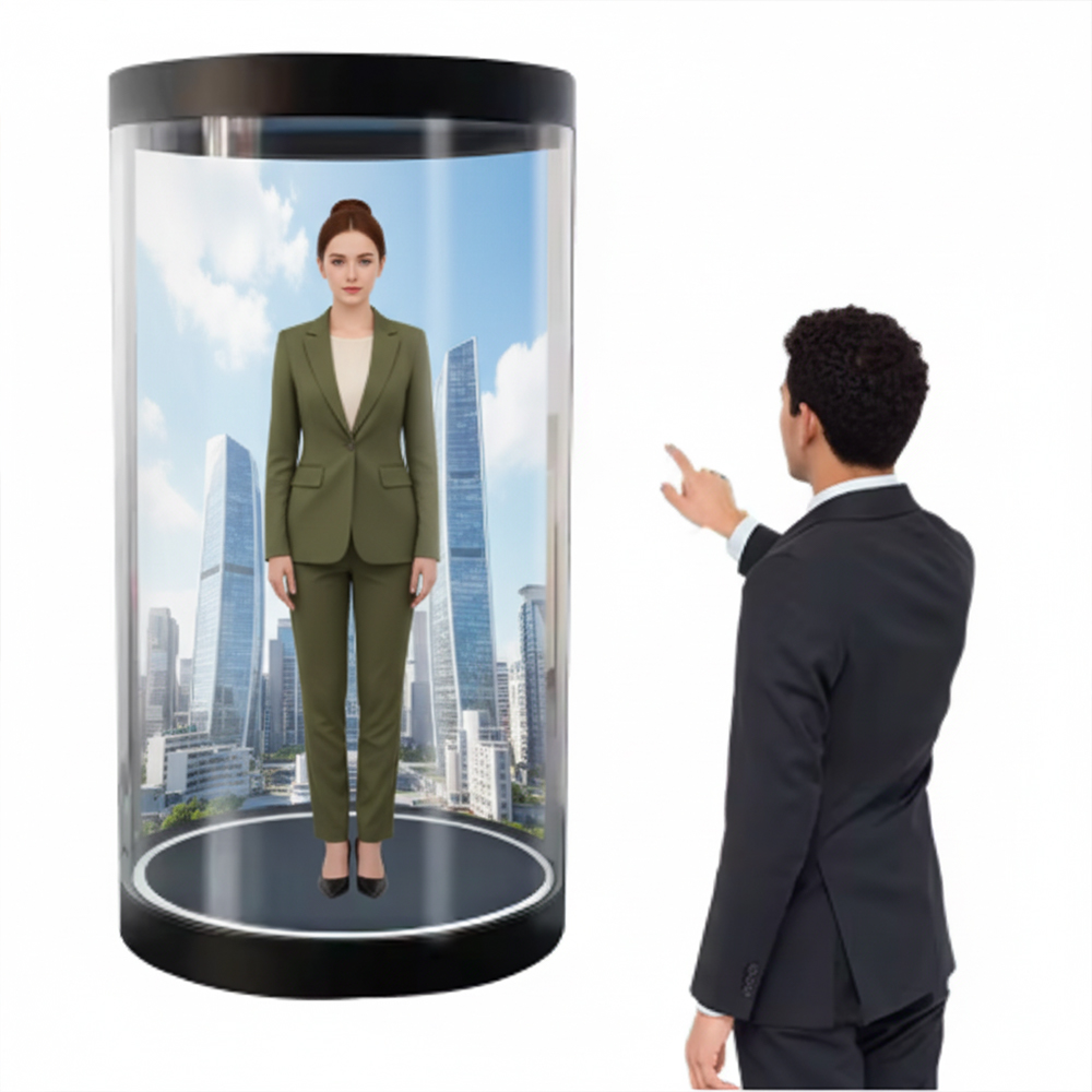 Ai Virtual Welcoming Hologram Pod with Interactive Touchscreen and Voice-activated System for Luxury Hotel Lobbies