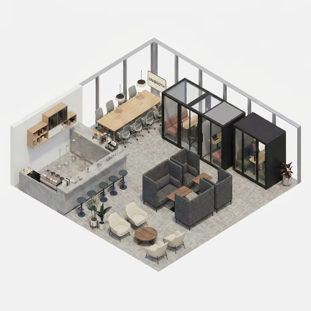 UNIBOOTH Portable Prefab ASTM-E84 Fireproof 32dB ISO 23351 30-45 Min Fast Setup Studio Pod for Open Office Library Customizable