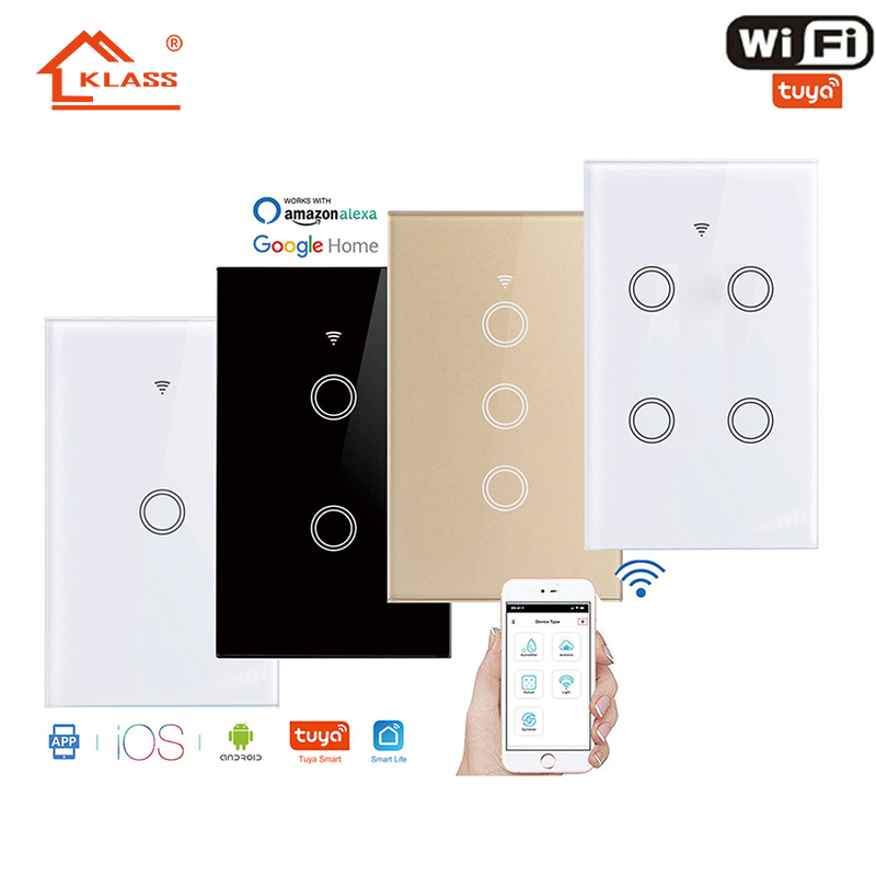 Smart Life Home Design American WiFi Tuya Socket 1 Gang 2 Gang Type 120 Glass Panel Wall Mounted Touch Switch