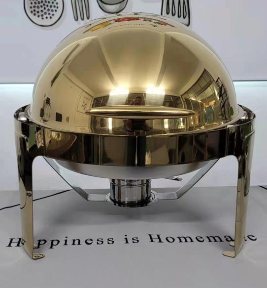 Commercial Modern Round 6L Luxury Golden Gold Buffet Ware Roll Top Chafing Dish for Hotel Restaurant