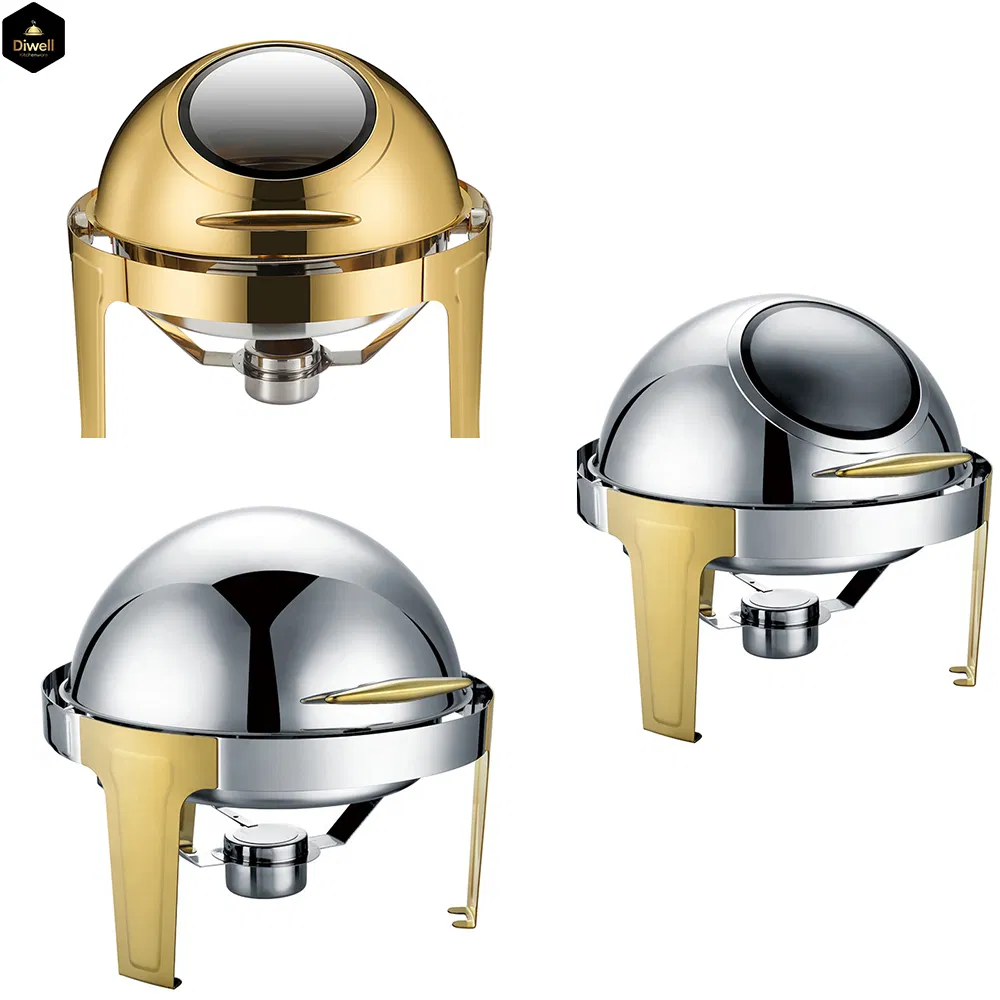 Commercial Modern Round 6L Luxury Golden Gold Buffet Ware Roll Top Chafing Dish for Hotel Restaurant