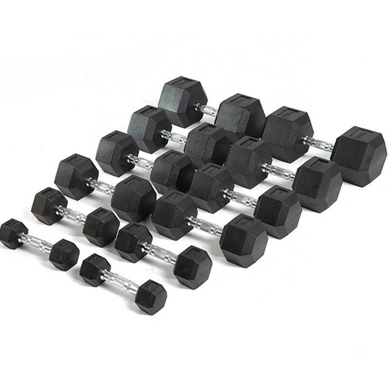 Low Price Sporting Goods Customizable Iron Hexagon Dumbbell Set Commercial Gym Fitness Equipment Black Rubber Coated Hex Dumbbell Set