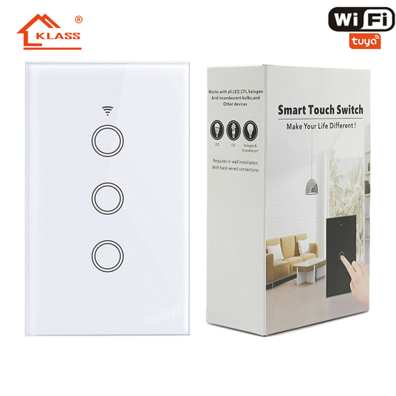 Smart Life Home Design American WiFi Tuya Socket 1 Gang 2 Gang Type 120 Glass Panel Wall Mounted Touch Switch