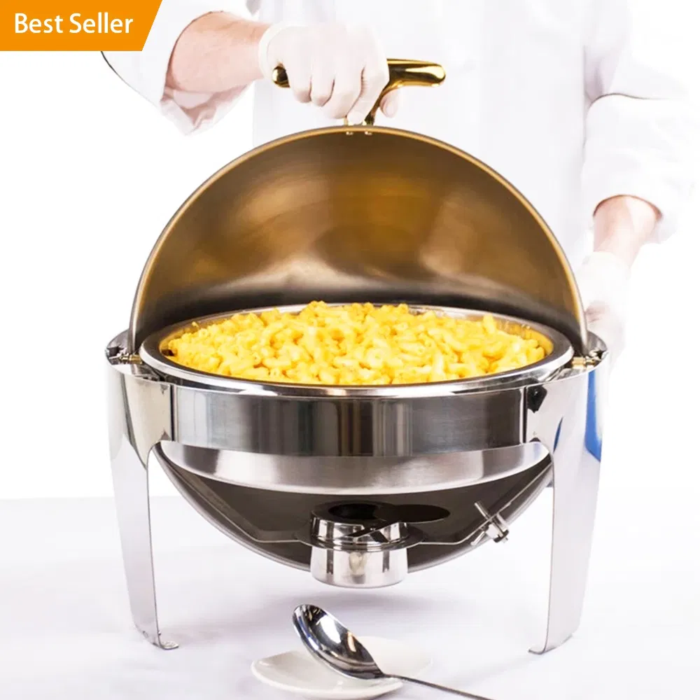 Commercial Modern Round 6L Luxury Golden Gold Buffet Ware Roll Top Chafing Dish for Hotel Restaurant