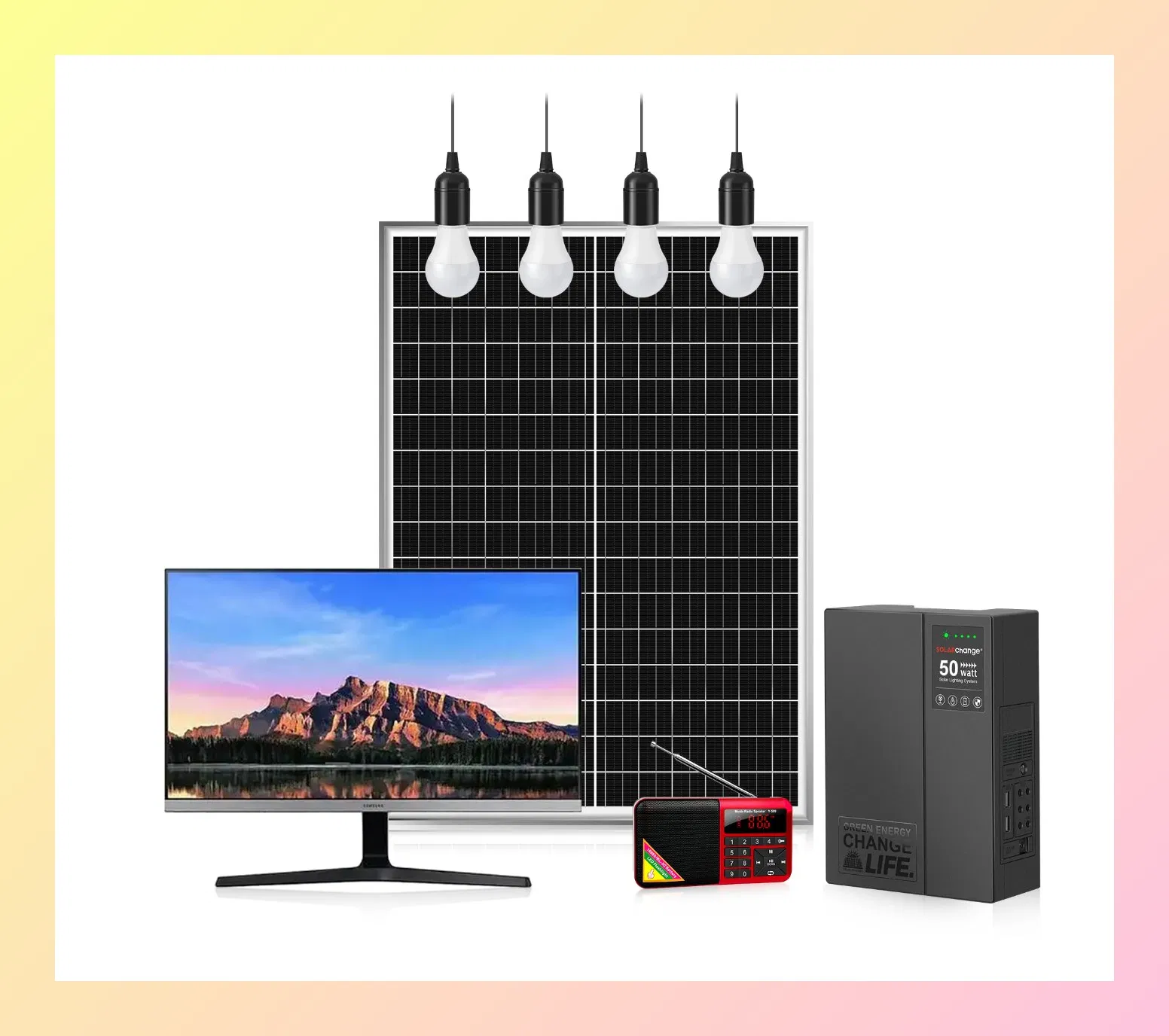 Verasol Certified Portable 50W Solar Lighting System with TV, Stand Fan and Radio for Camping, Rvs, and Outdoor Adventures