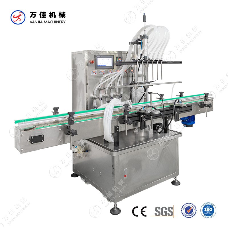 Six-Head Automatic Straight Linear Cosmetic Oils Juice Whisky Liquid Filling Machine.