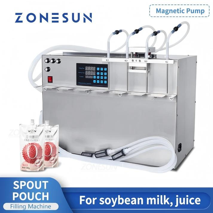 Zonesun Zs-Mpsp4 4-Nozzles Spout Pouch Liquid Filling Machine for Juice Soy Milk Low Viscosity Fluids