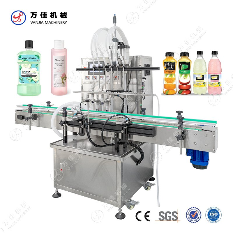 Six-Head Automatic Straight Linear Cosmetic Oils Juice Whisky Liquid Filling Machine.