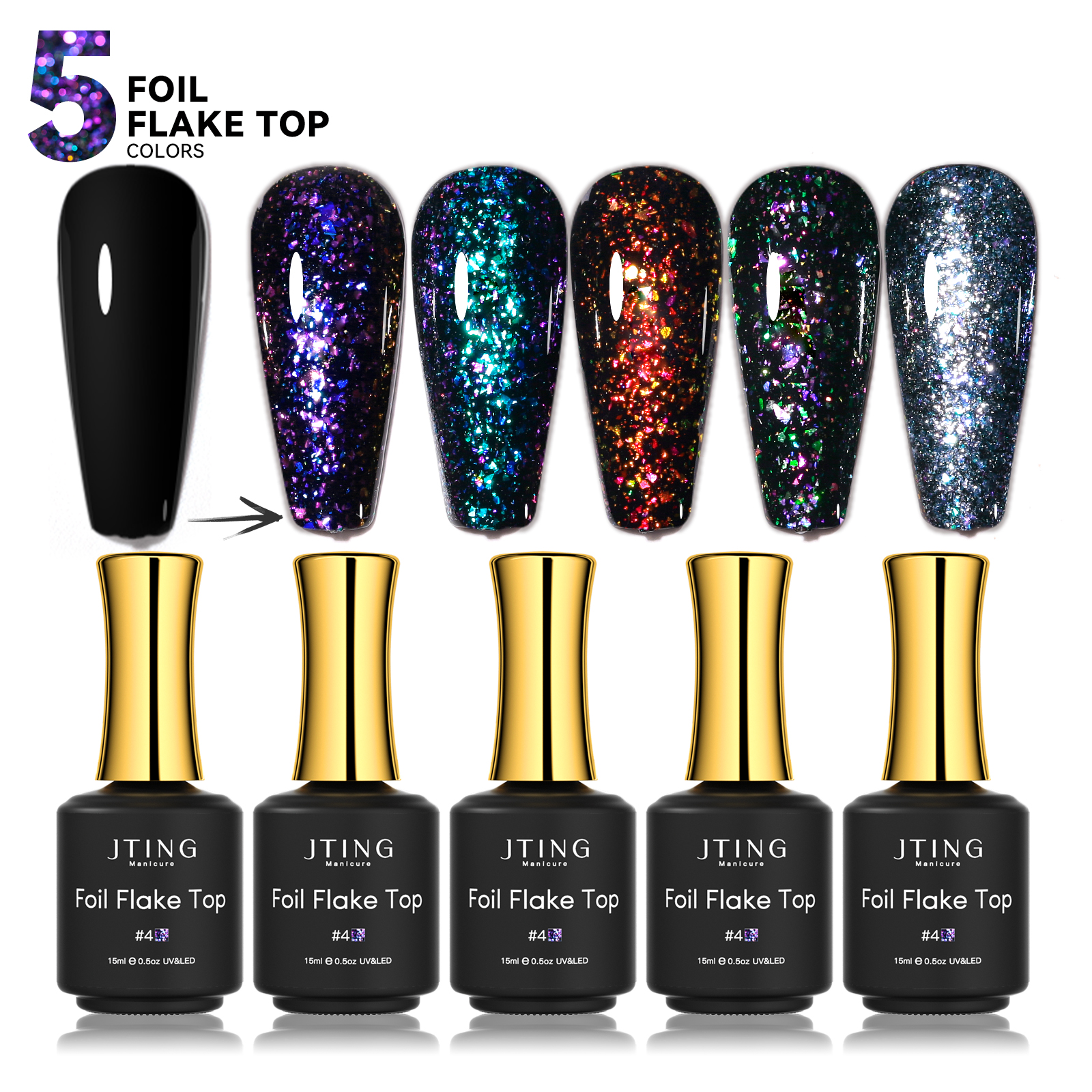 JTING New Popular Design Vegan Hema Free High Pigment Foil Flake Top Coat Gel Polish OEM Custom Unique Brand Bottles