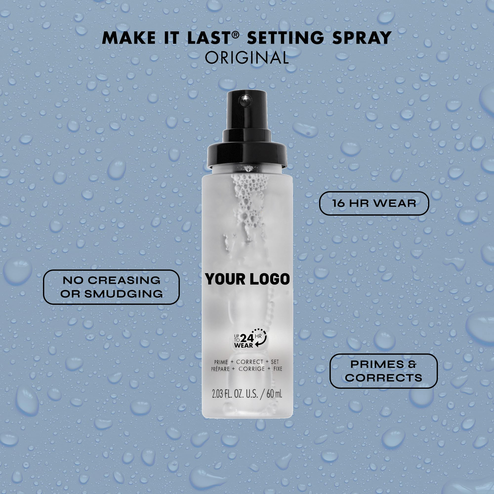 3-in-1 Primer Hydrating Setting Spray 60ml with Glycerin & 2% Niacinamide Transfer-proof Makeup Fixer for Private Label