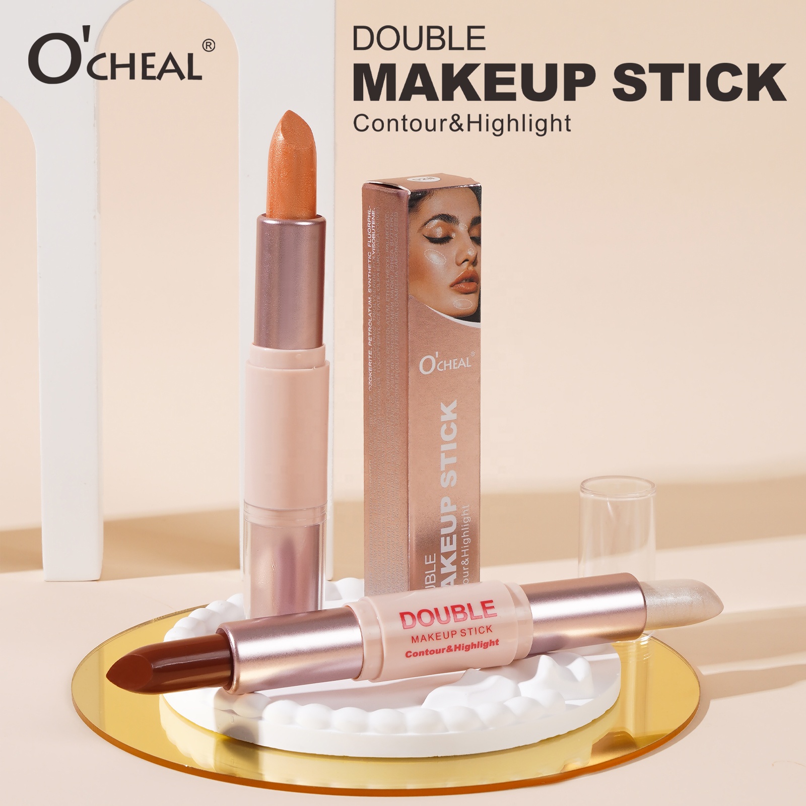 Vegan Long-lasting Waterproof Double Head Design Contour Stick Bronzer/Highlighter Sweat Proof Transfer Resistant Custom Logo