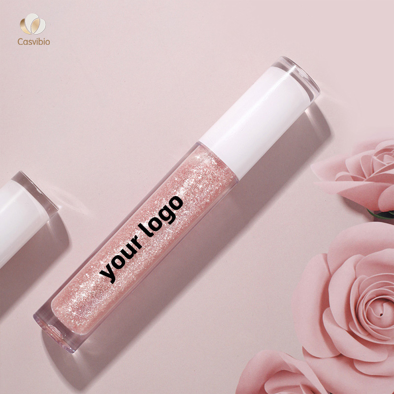 Wholesale Vegan Lip Gloss Holographic Shiny Pink Glitter 5mL Liquid Top Coat Lip Glaze MSDS Certified