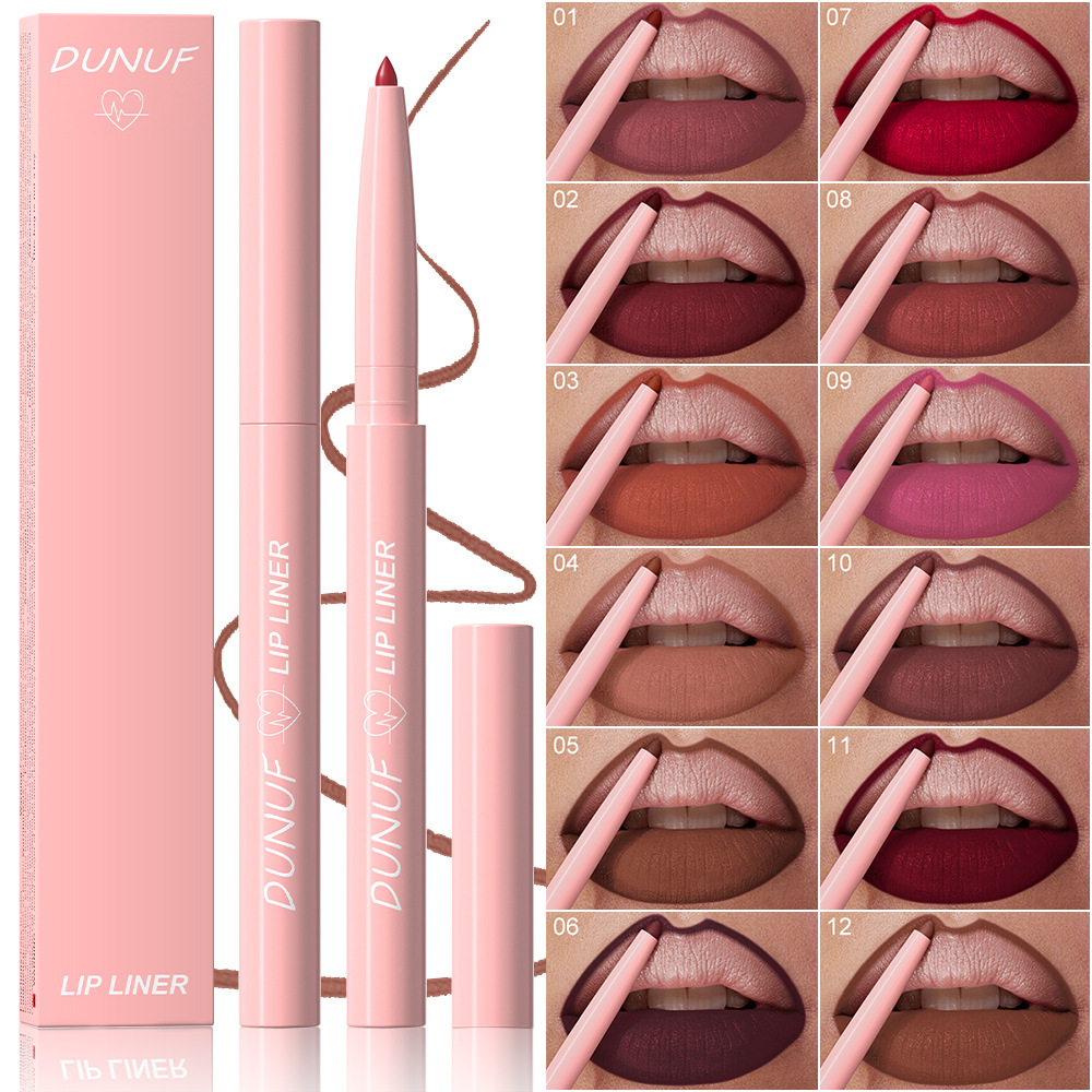 DUNUF Wholesale Organic Nude Long Lasting Waterproof Matte Cream Lipliner Vegan Private Label Pink Retractable Crayon Lip Liner