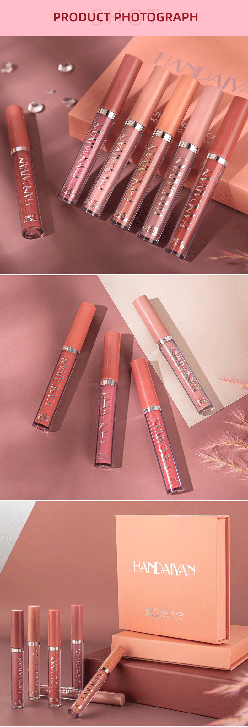 6Pcs Matte Liquid Lipstick Makeup Set Matte Liquid Long-Lasting Wear Non-Stick Cup Not Fade Waterproof Lip Gloss