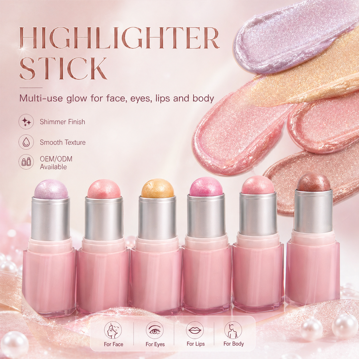 Shimmer Highlighter Stick Cream Glow Highlighter 6Shades Smooth Long-lasting Face Makeup Cosmetic Salon Makeup Artist