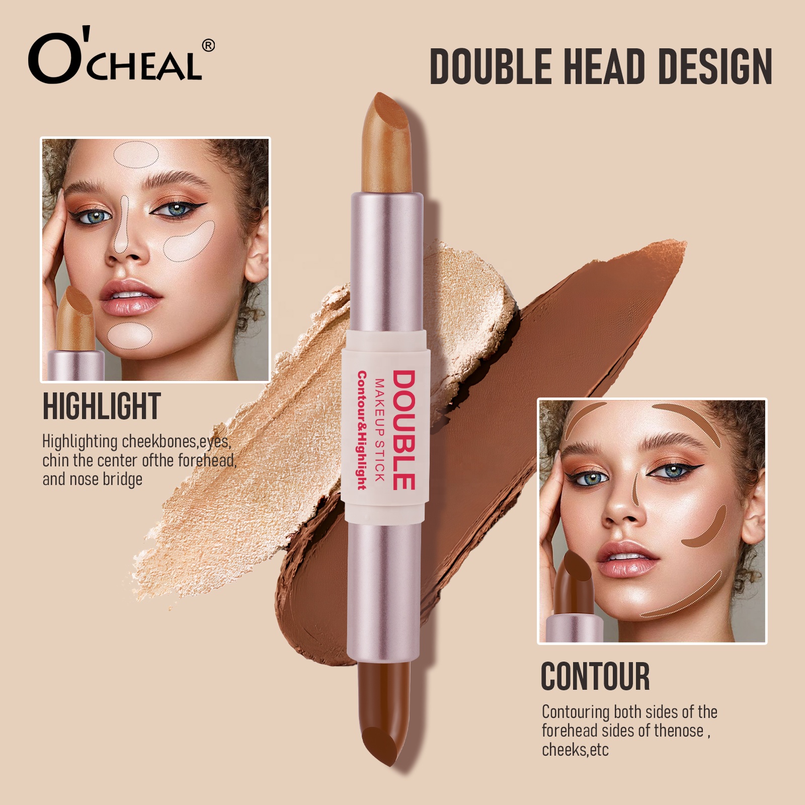 Vegan Long-lasting Waterproof Double Head Design Contour Stick Bronzer/Highlighter Sweat Proof Transfer Resistant Custom Logo