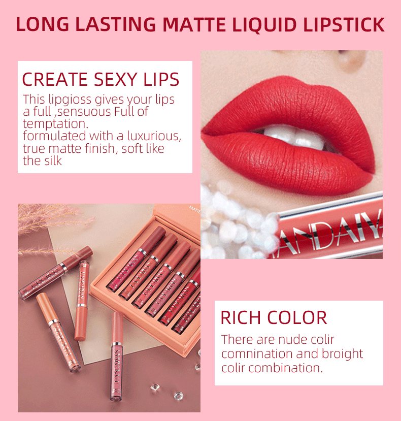 6Pcs Matte Liquid Lipstick Makeup Set Matte Liquid Long-Lasting Wear Non-Stick Cup Not Fade Waterproof Lip Gloss