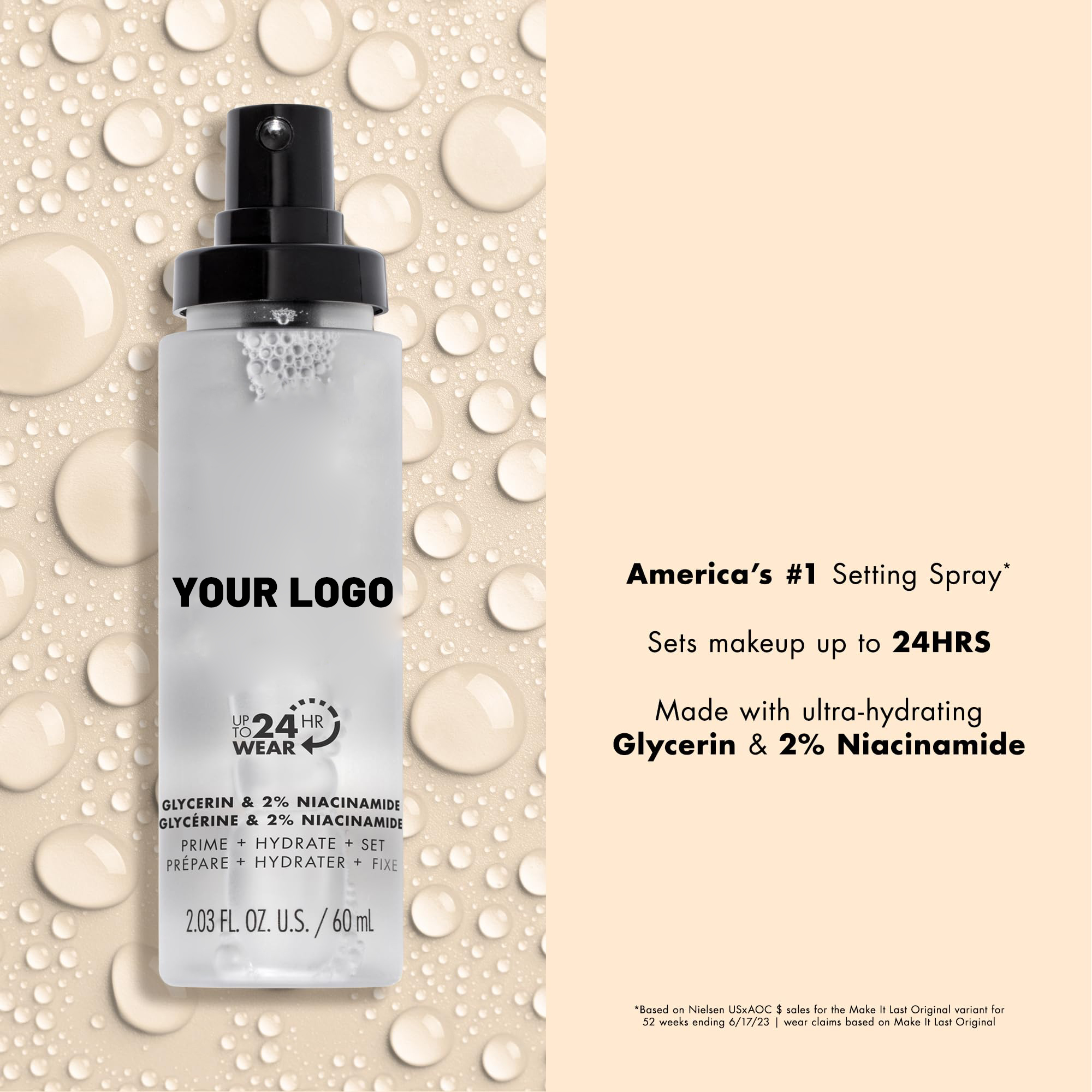 3-in-1 Primer Hydrating Setting Spray 60ml with Glycerin & 2% Niacinamide Transfer-proof Makeup Fixer for Private Label